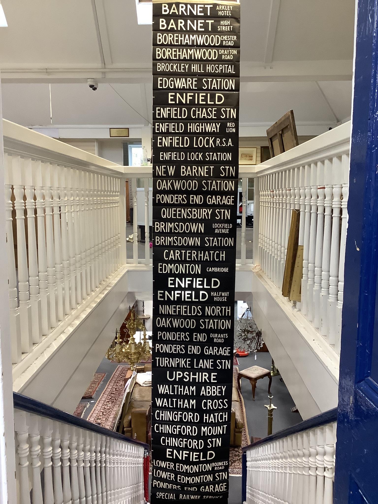 Three 1970's bus destination canvas lined blinds, Edmonton and other London Boroughs